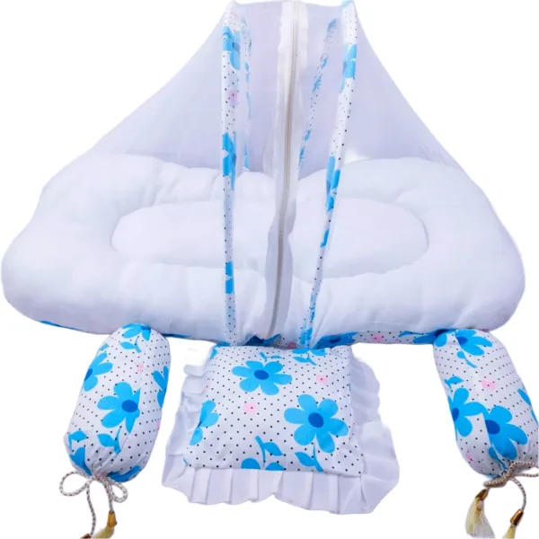babyhug bedding set with mosquito net in blue floral Polo Royale design